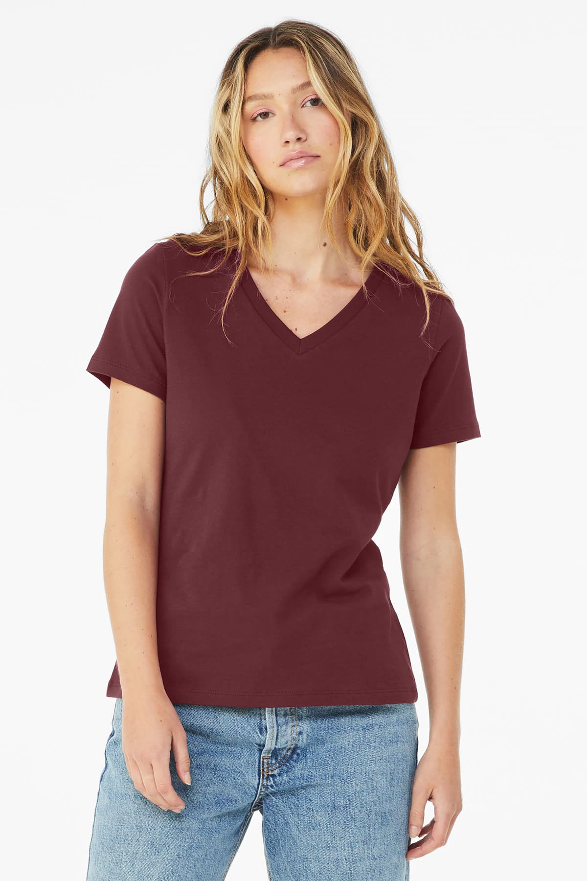 BELLA+CANVAS ® Women's Relaxed Jersey Short Sleeve V-Neck Tee — Maroon