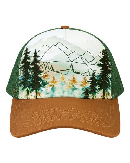 Printed Five-Panel Trucker Cap — Explorer/ Brown