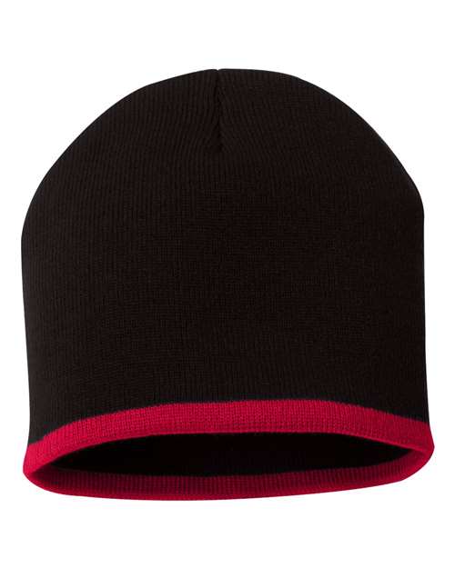8" Bottom-Striped Beanie — Black/ Red