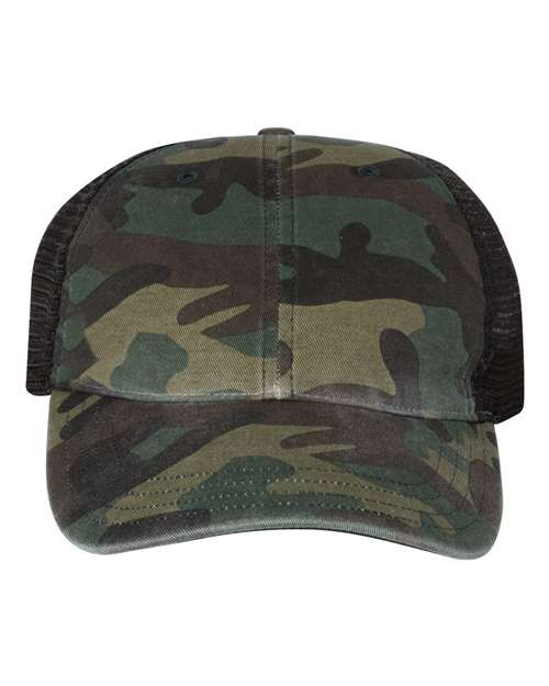 Garment Washed Printed Trucker Cap — Green Camo/ Black