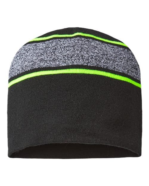 USA-Made Variegated Striped Beanie — Black/ Neon Yellow