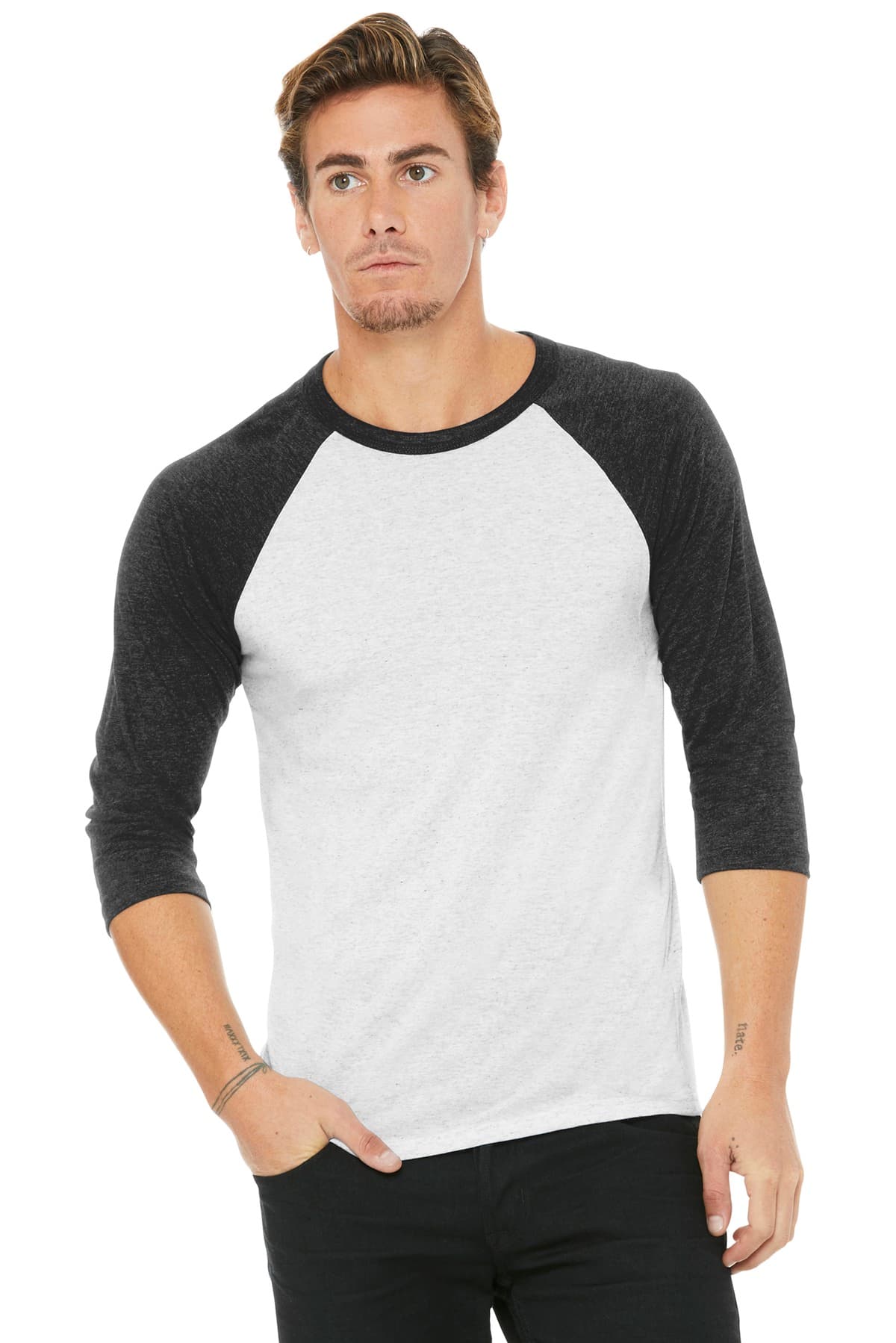 BELLA+CANVAS ® Unisex 3/4-Sleeve Baseball Tee — White Fleck/ Charcoal-Black Triblend