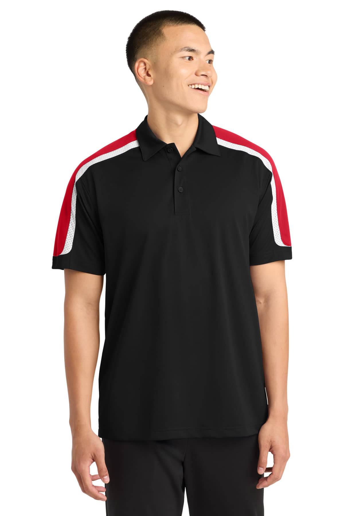 Sport-Tek ® Tricolor Shoulder Micropique Sport-Wick ® Polo — Black/ True Red/ White
