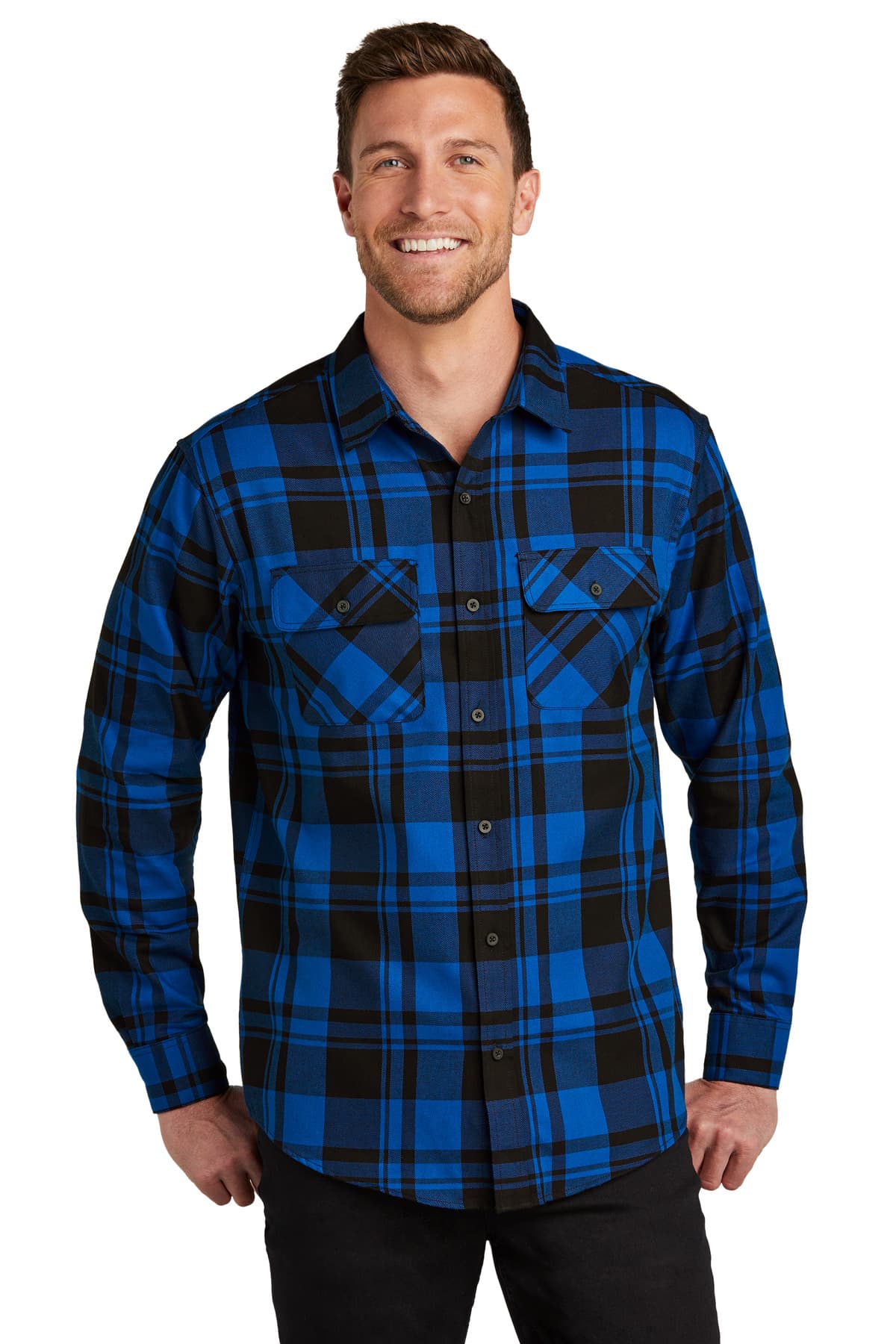Port Authority ® Plaid Flannel Shirt — Royal/ Black